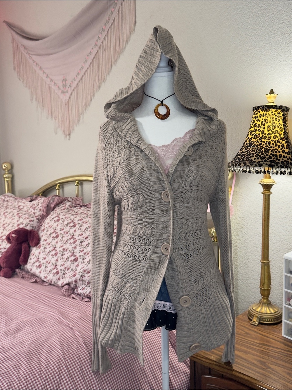 Y2K Women's Hooded Button-Front Knit Cardigan Sweater - Taupe - Picture 8 of 9